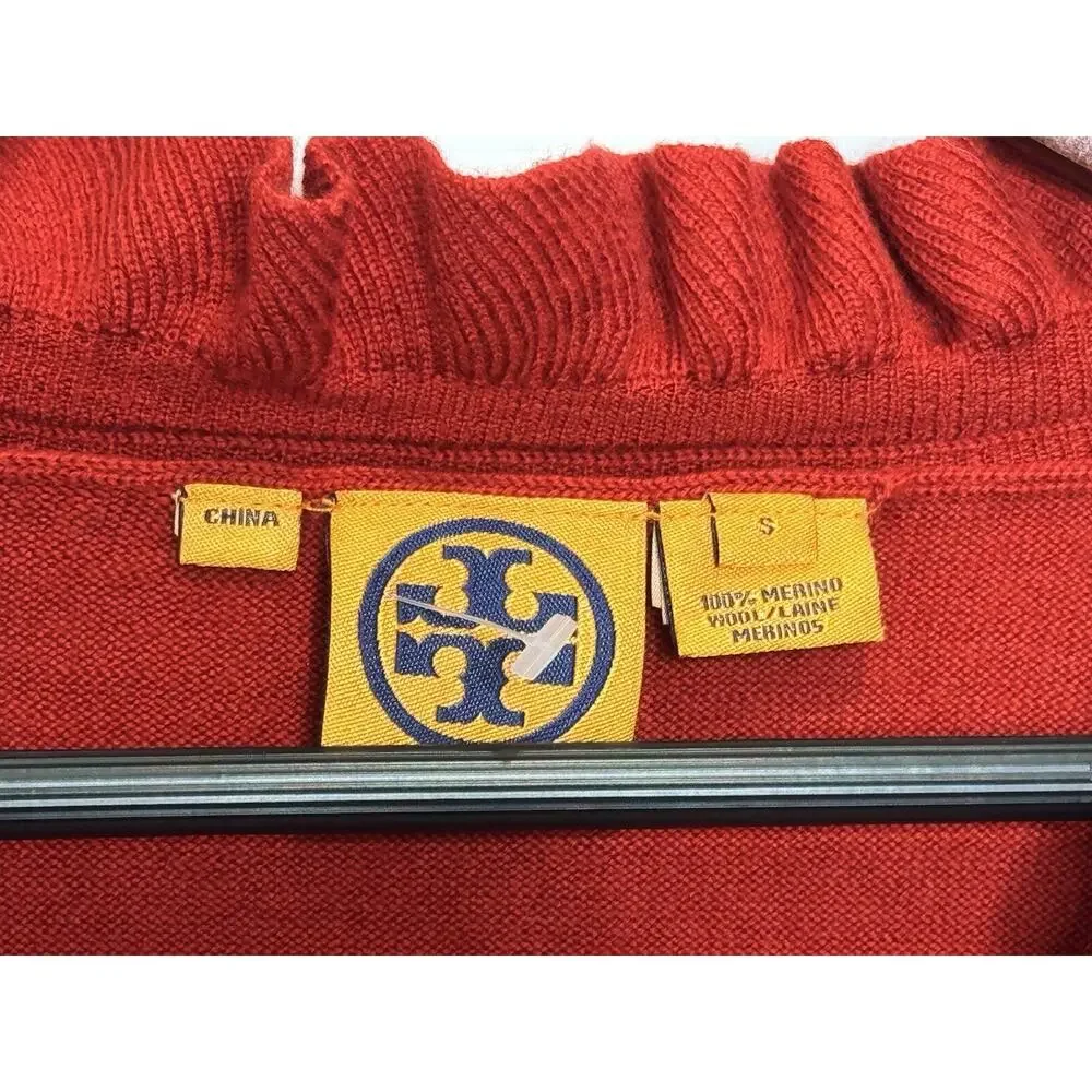 Tory Burch Red Merino Wool V-Neck Sweater Ruffle Collar Size Small